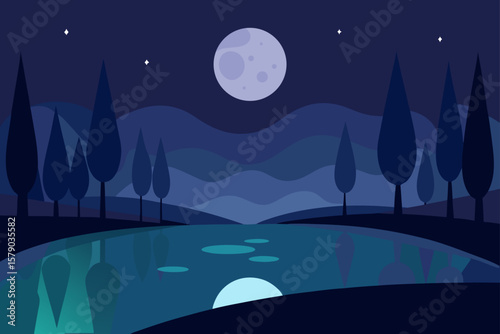 moonlight reflecting off a woodland pond