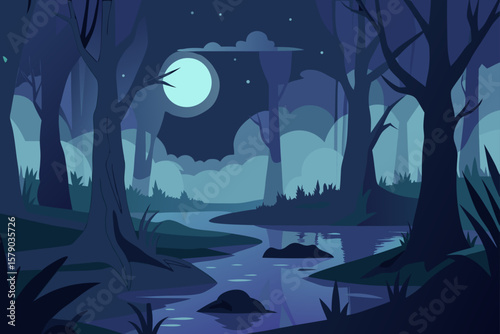 quiet forest swamp with moonlit fog