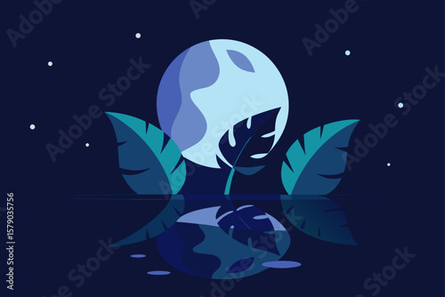 reflected moonlight on wet forest leaves