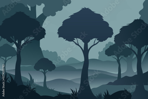 shadowy treetop silhouettes in mist
