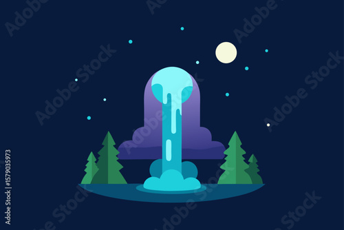 tiny forest waterfall glowing in moonlight