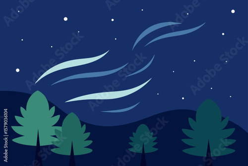 wind brushing treetops under stars
