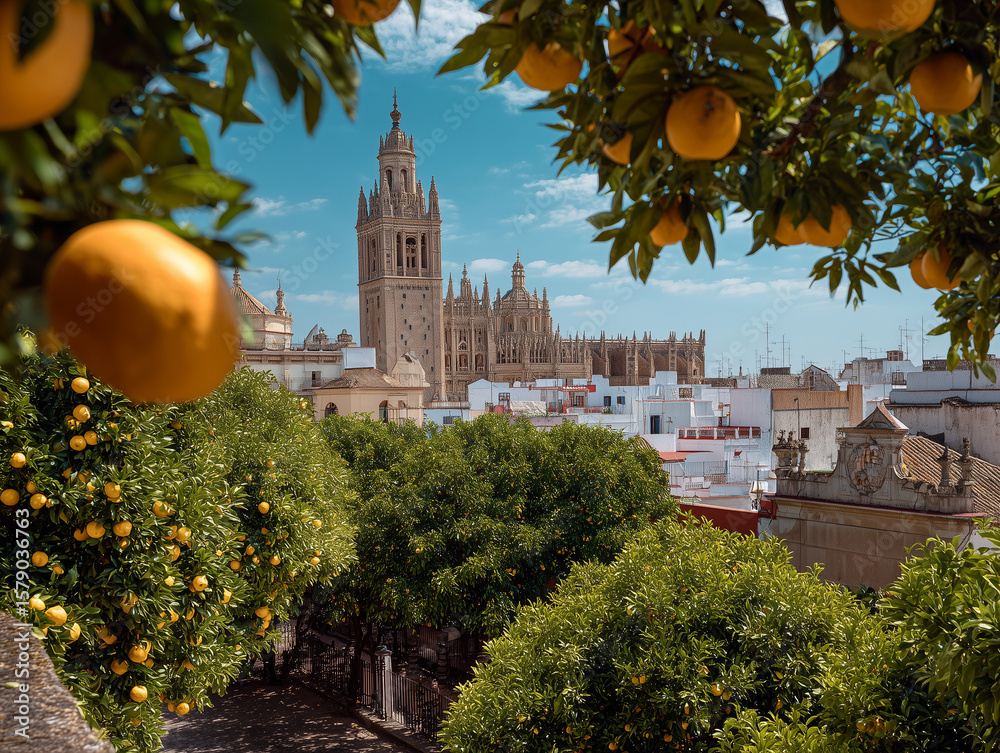 Fototapeta premium Seville old town with orange trees and cathedral