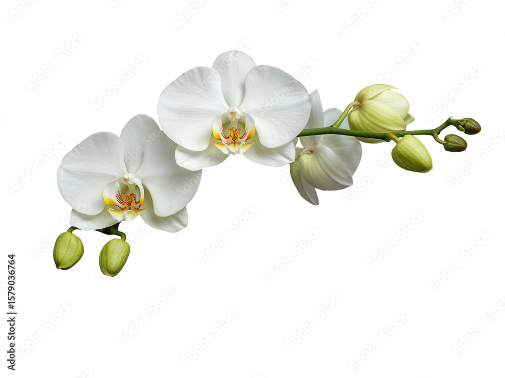 Naklejka premium Elegant white orchid flowers and buds on a green stem isolated on transparent background