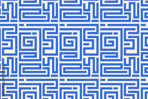Blue geometricc maze seamless pattern. Modern bold square labyrinth vector background for fashion, fabric, and branding