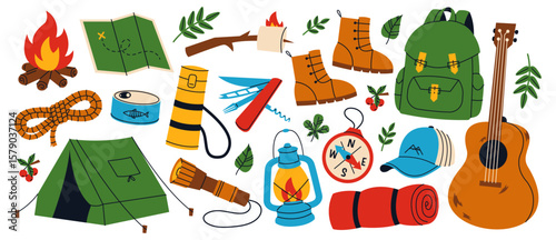 Cartoon hiking and camping sticker element. Tent, boots, flashlight, backpack, compass, fire, thermos etc. Wildlife recreation and survival concept.