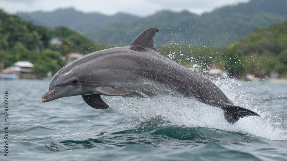 Fototapeta premium Leaping dolphin in ocean, coastal scenery
