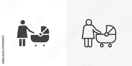 Woman with Baby Stroller icon. collection of editable stroke line and solid flat styles.