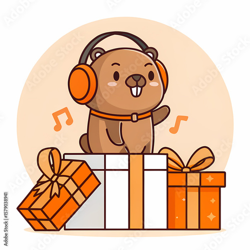 Cute cartoon beaver wearing headphones and sitting on gift boxes  