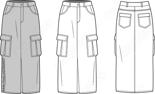 Cargo midi skirt technical flat sketch front and back view, fashion design template, utility pockets, vector outline for apparel design