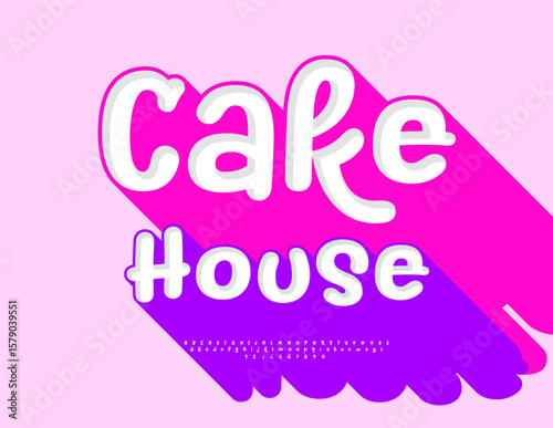 Vector Tasty banner Cake House. Cute Font with Big Violet Shadow. Funny Playful 3D Alphabet Letters and Numbers set