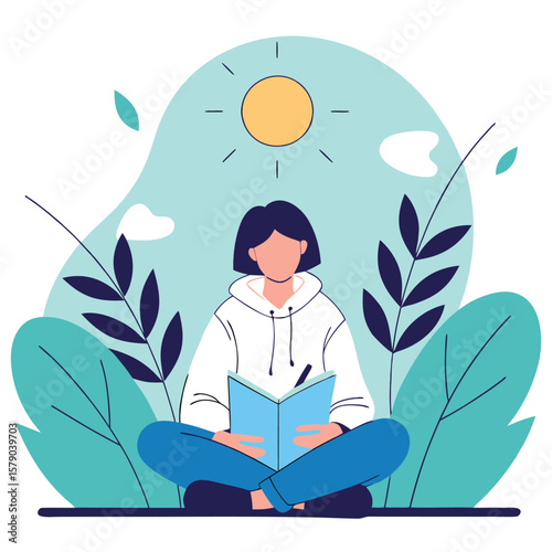 A young person enjoying a peaceful moment reading a book outdoors under the warm sun surrounded by lush greenery