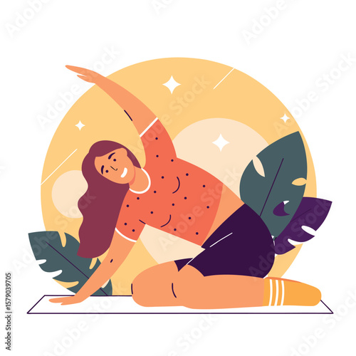 A woman in athletic wear gracefully performs a yoga pose on a mat surrounded by tropical leaves and a warm sun