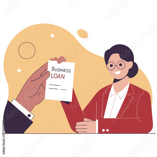 Businesswoman receives a business loan document from a hand symbolizing financial approval and partnership