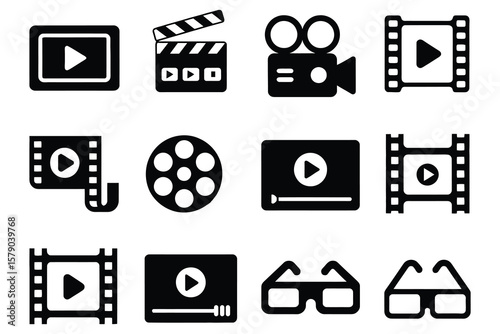 Cinema icons play button film reel clapperboard glasses