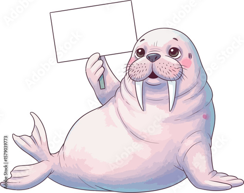 Cute cartoon walrus holding blank sign illustration for kids animal arctic sea life design 100