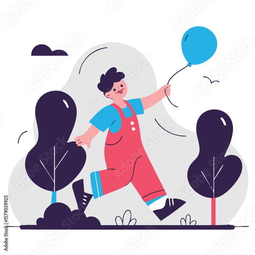 Joyful child in red overalls running with a blue balloon through a stylized park with dark trees