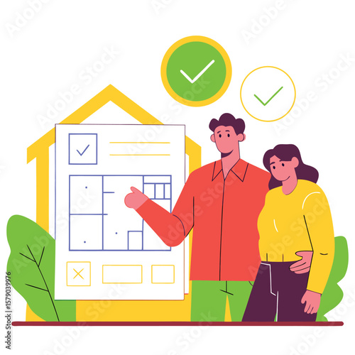 Real estate agent shows house plans to potential buyers with approved checkmarks indicating success