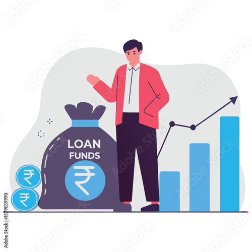 Man with loan funds bag and growing financial graph illustrating economic growth and investment opportunities