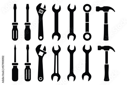 Black tools collection screwdriver wrench