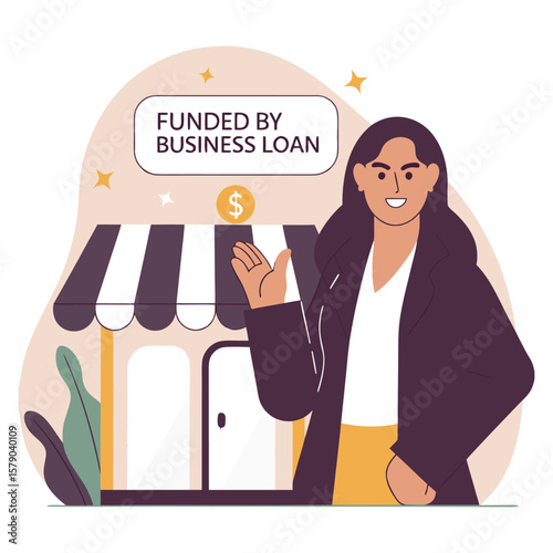 Smiling woman proudly presents her shop successfully funded by a business loan and adorned with a dollar sign
