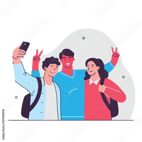 Three happy friends taking a selfie together and making peace signs celebrating friendship and good times