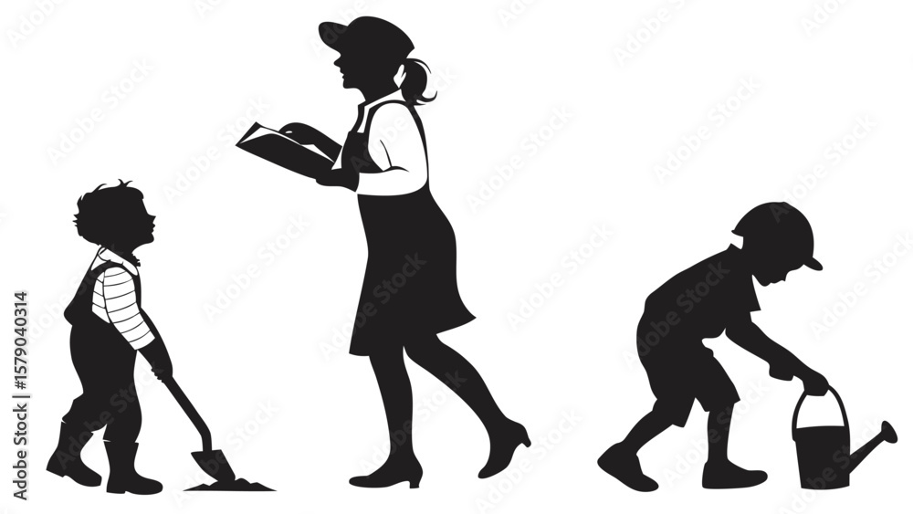 Obraz premium A woman reading a book to children in a garden with one child digging and another watering plants
