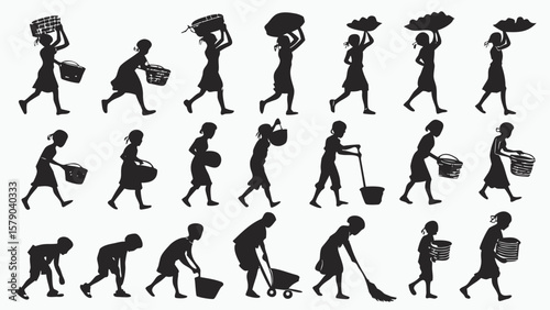 Collection of silhouettes depicting women and children engaged in various daily tasks and labor carrying items
