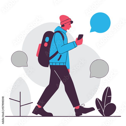 Young person with backpack and beanie walking while looking at their smartphone surrounded by abstract shapes and speech bubbles