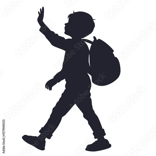 Silhouette of a young boy with a backpack walking and waving goodbye on a white background