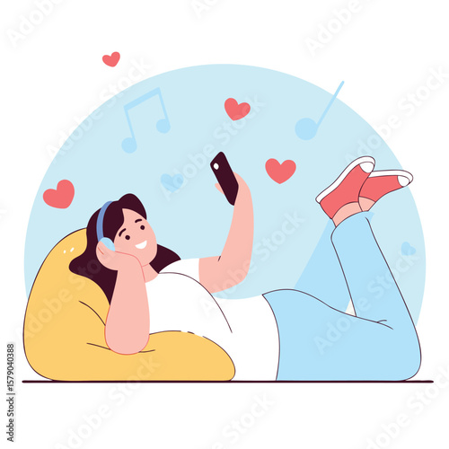 Young woman relaxing on a beanbag listening to music on her phone surrounded by hearts and musical notes