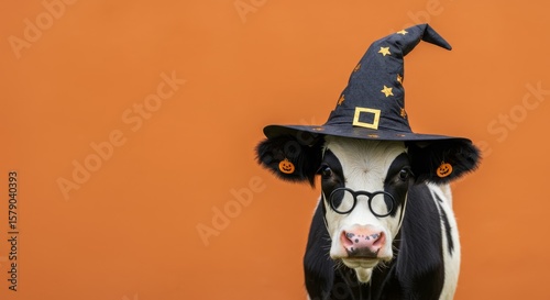 Cow in Witch Hat and Glasses - A cute cow wearing a witch's hat and glasses against an orange background. Perfect for Halloween or farm-themed content