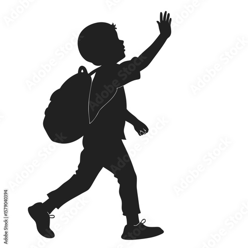 Silhouette of a young boy with a backpack walking and waving goodbye on a white background symbolizing departure or going to school