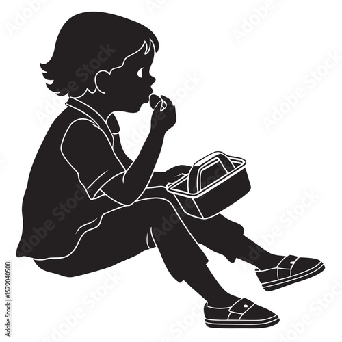 A silhouette of a young child sitting down and eating a snack from a lunchbox with a white background
