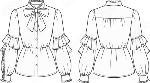 Fashion blouse flat sketch with peplum waist, layered ruffle sleeve, bow tie collar, button up front, vector template drawing