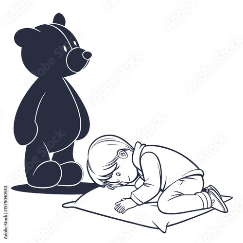 A lonely child sleeps on a pillow while a large teddy bear stands guard over them
