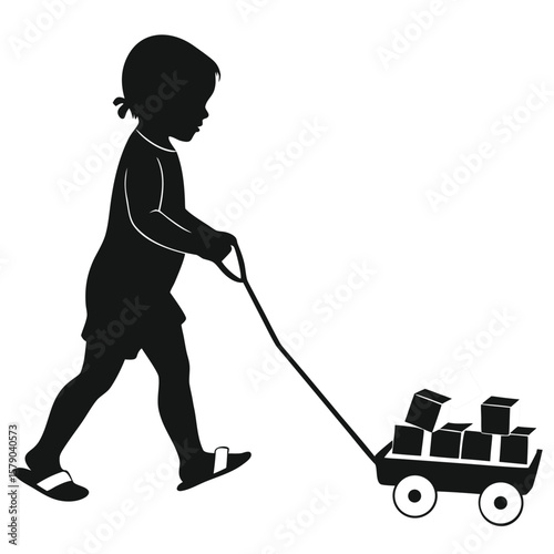 Silhouette of a young child with a ponytail pulling a wagon filled with building blocks and toys across a white background