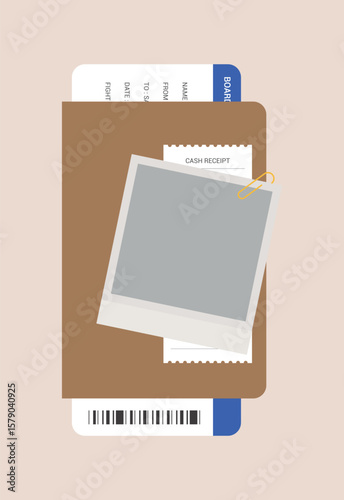 Illustrations of passports, boarding passes, polaroid photos, and receipts with a travel theme. Illustrations of objects suitable for vacation planning and traveling.