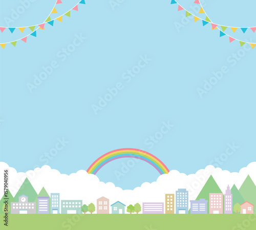 City and town landscape background. Buildings, schools, houses, trees, street trees and mountains are visible against a sky with garlands, rainbows and clouds.