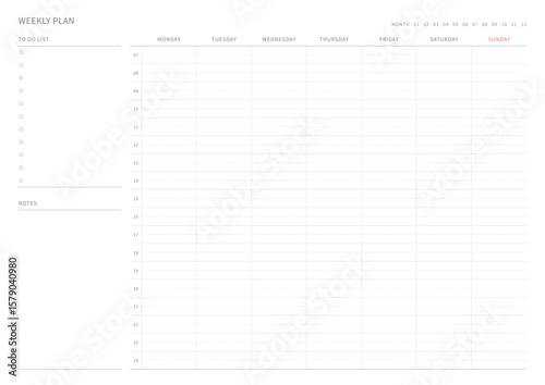 A weekly plan design template in a modern, simple, and minimalist style. Note, scheduler, diary, calendar, planner document template illustration.