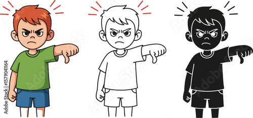 Angry boy cartoon illustration with thumbs down gesture vector image for kids emotion concept design
