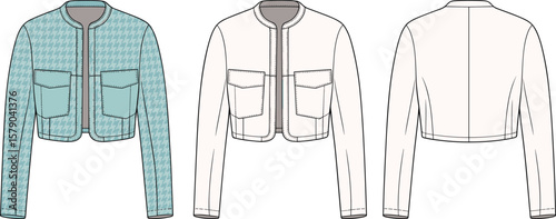 Flat sketch illustration of cropped houndstooth jacket with round neckline, flap pockets, long sleeves, fashion vector design for outerwear