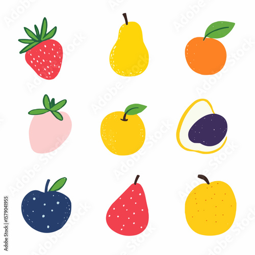 Flat fruit clipart set with friendly items in soft colors, perfect for preschool visuals, classroom activities or food-themed learning materials