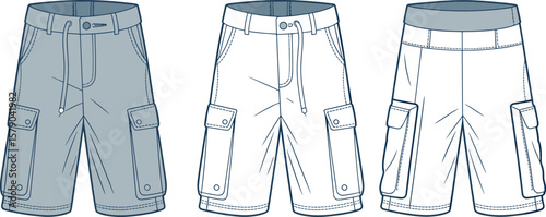 Men's cargo shorts technical flat sketch front and back views, drawstring waistband, flap pockets, fashion vector template for apparel design