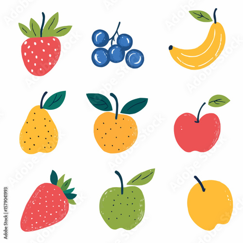 Cute cartoon fruit set with bold colors and simple forms, ideal for kids product branding, natural food labels or playful fruit-themed packaging