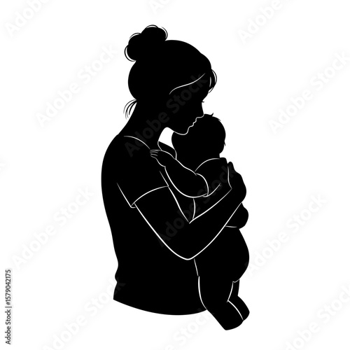 Mother and Child Silhouette: A tender silhouette depicts a mother's embrace, holding her newborn child close in a moment of pure maternal love and protection.