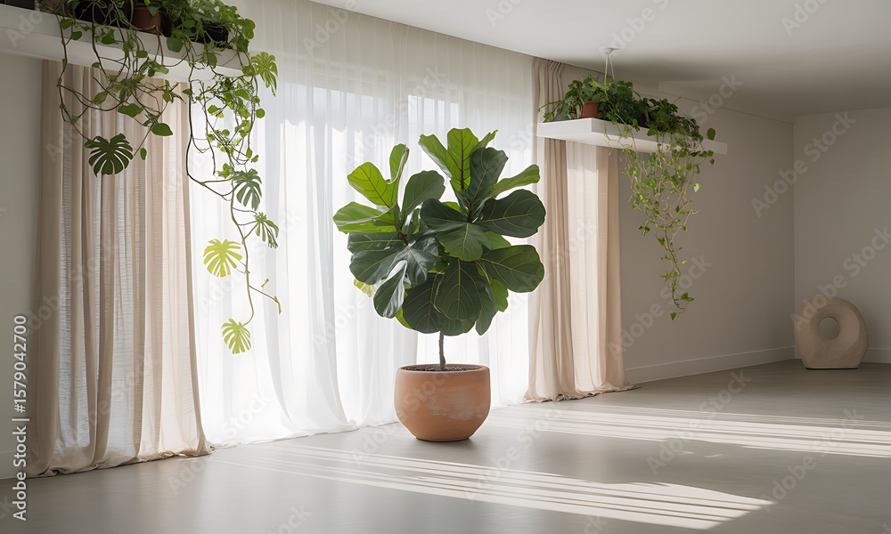 Fototapeta premium Serene and spacious minimalist interior with a large potted ficus tree, creating a tranquil oasis with natural sunlight. Biophilic home decor and indoor gardening concept.