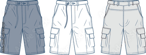 Technical flat sketch of men’s cargo shorts front and back views, drawstring waist, flap pockets, vector fashion design template