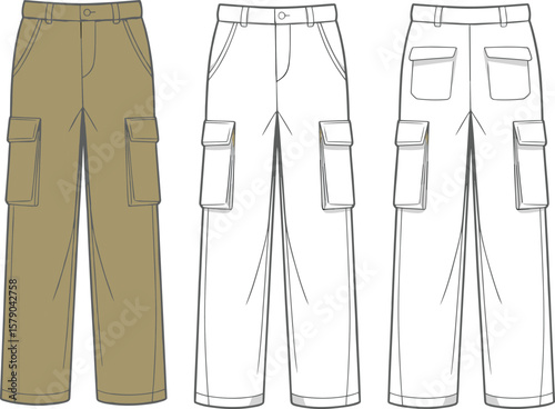 Technical flat sketch of cargo pants front, back and side view, vector fashion illustration template for garment design and apparel mockup