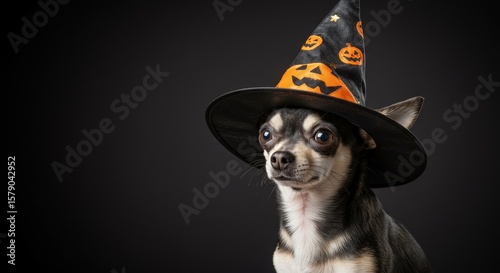 Spooky Season Chihuahua in Witch Hat - Adorable chihuahua dog wearing a witch's hat, perfect for Halloween. Symbolizes cuteness, festivity, fun, companionship, and the spooky season